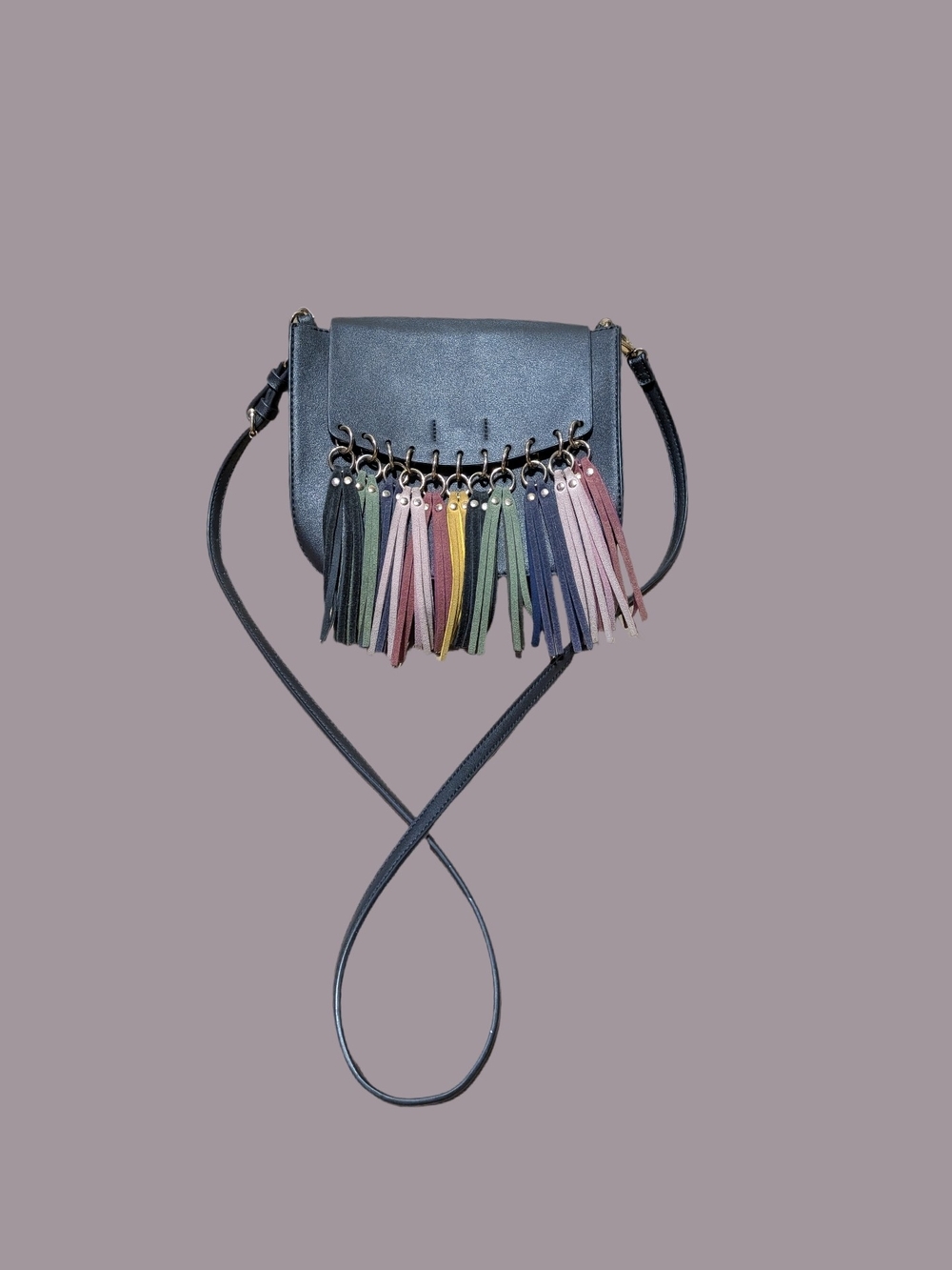 Alba Black Crossbody Bag with Multicolor Tassels